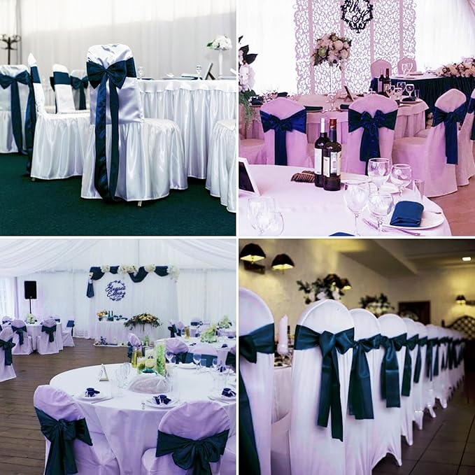 100 PCS Satin Chair Sashes Decorative Bow Satin Chair Sashe Ties Back Ribbon Bows Chairs Cover Band for Wedding Birthday Party Ceremony Reception Events Banquet Home Kitchen Decor(7x108inch,Navy Blue)
