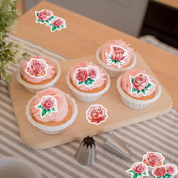48PCS Edible Rose Flower Cupcake Toppers Wafer Paper Roses Decorations Flower Birthday Party Decorations Rose Cake Toppers for Wedding Engagement Birthday Party Cake Decor Supplies (Pink)