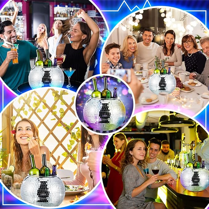 Hoolerry 11L Disco Ball Ice Bucket Mirror Silver Disco Party Champagne Bowl Cup Mirror Ball Themed Beer Bucket Disco Party Supplies Bar Cart Decor for Beer Cocktail Wine Champagne Cooler