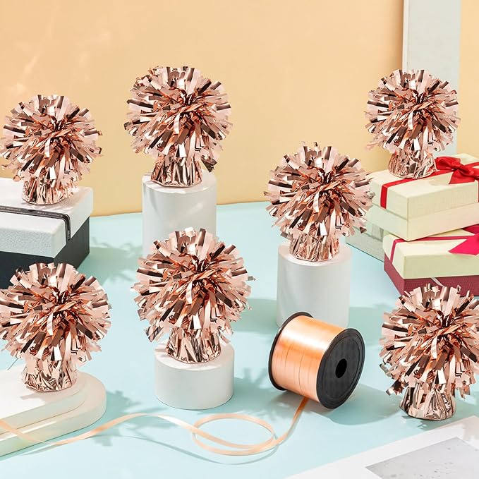 24 PCS Balloon Weights Metallic Anchor, Balloon Holder Heavy Weights with 1 Roll Rose Gold Crimped Ribbon for Balloons Table Party Favor Birthday Decor(Rose Gold)