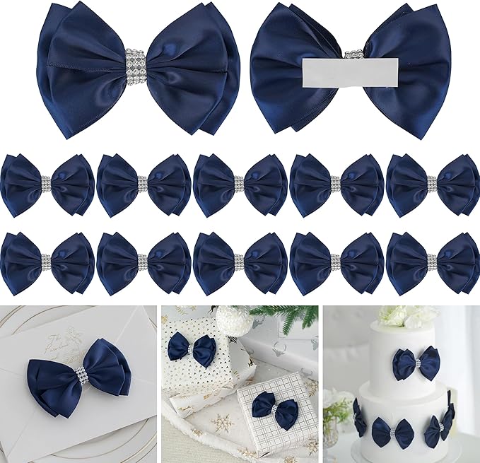 Navy Satin Bows 4'' Premade Blue Ribbon Bow, Gift Bows with Rhinestone, Wrapping Bows for Presents, Greeting Cards, Treat Bags, Wine Bottles, Valentines Bows for Gift Wrapping-12 Counts