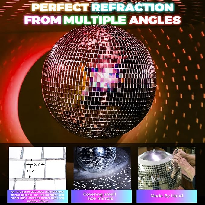 16inch Large Mirror Disco Ball - Hanging Big Disco Ball for Party Decorations, DJ Clubs, Weddings, Bars, Holiday Events, and Stage Decor with 15pcs Replacement Mirrors