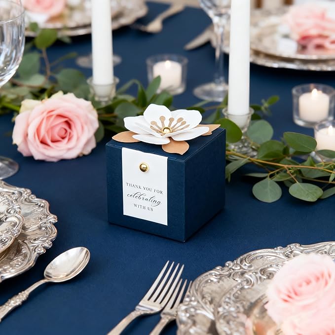 FEIYI 20 PCS Candy Boxes, 3 In 1 Navy Blue Favor Boxes with Floral Decor, White Thank You Tags Gift wrapping for Wedding Birthday Baby Shower Decorations Party -2.55x2.55x2.55''
