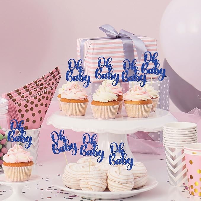 Gyufise 36Pcs Oh Baby Cupcake Toppers Glitter Baby Shower Oh Baby Cupcake Picks for Gender Reveal Baby Shower Kids Boys Girls Birthday Party Cake Decorations Supplies Dark Blue