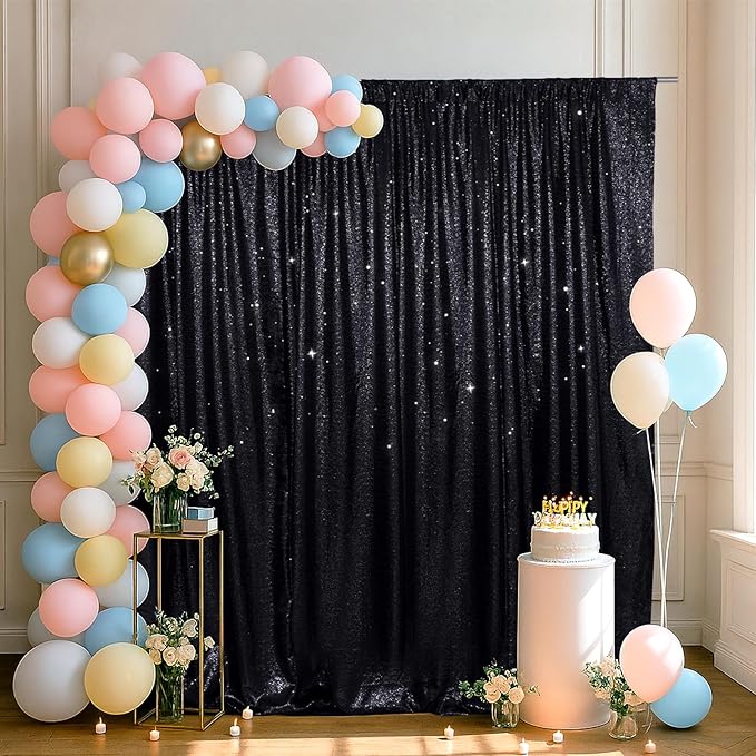 SquarePie Sequin Backdrop Less Transparent Background Sparkly Curtain for Wedding Halloween Party 4FT x 7FT Black