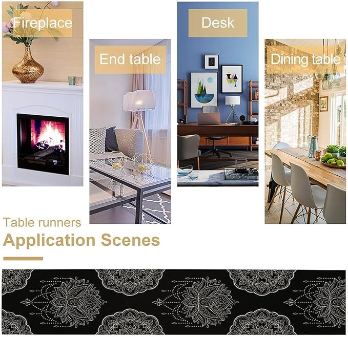 Lotus Flower Table Runner, Bohemian Ethnic Oriental Mandala Black White Floral Print Table Runner for Home Kitchen Dining Indoor Outdoor Dinner Party Decor, 13x108inch