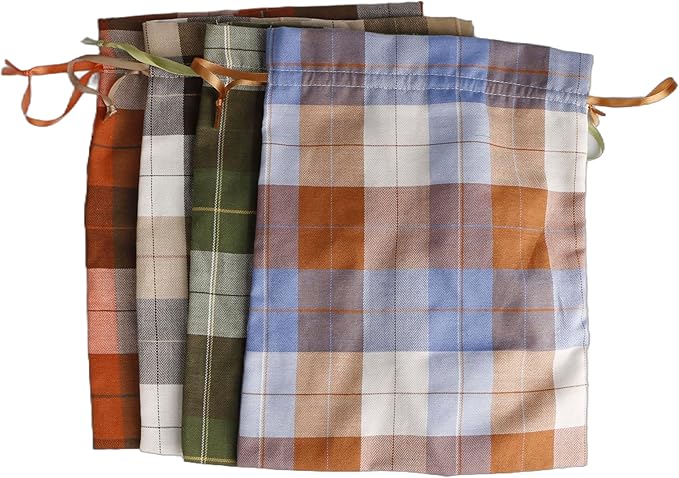 Large Fall Burlap Bags with Drawstrings - Orange Buffalo Plaid, Sage Green Gingham - Reusable Brown Pouch for Thanksgiving Party Gift Wrapping Goodies (4 colors, 6x8 inch)