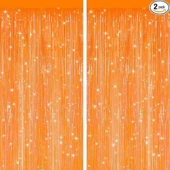 2 Pack Orange Metallic Tinsel Foil Fringe Curtains, Door Streamers Photo Booth Backdrop for Birthday Party, Tinsel Curtain Backdrop for Baby Shower Bachelorette Christmas Party Decorations