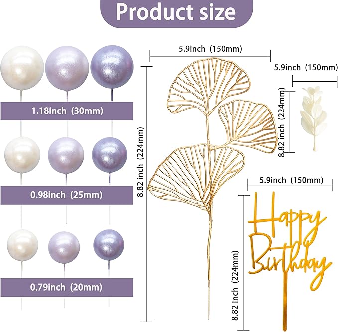 Gyufise 57Pcs Purple Balls Cake Topper Boho Grass Cake topper Pearl Balls Acrylic Happy Birthday Cake Decorations for Wedding Baby Shower Birthday Boho Themed Party Supplies Pearl Purple