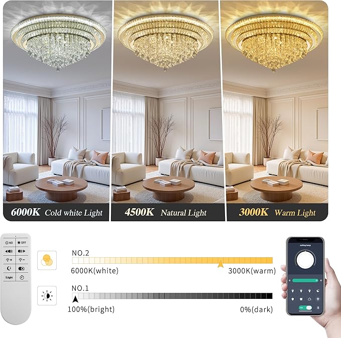 40 inch Crystal Gold Ceiling-Light Flush Mount with Remote Control and APP, 3CCT Dimmable & Brightness Adjustable, Modern Crystal Raindrop Chandeliers for Bedroom Hallway Dinning Room Living Room