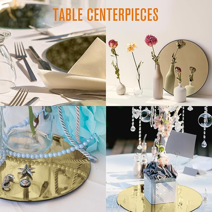 Houseables Gold Mirror Centerpieces For Tables, Round Mirrors For Centerpieces, Mirrored Trays, Round Table Plate Tray, Circle, Glass Charger, Wedding, Center Piece, Small, Base, Candle, 8 Inch, 12 PK