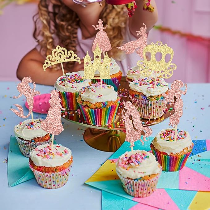 Gyufise 36Pcs Princess Cupcake Toppers Glitter Mermaid Girl Castle High Heel Crown Cupcake Picks Princess Theme Baby Shower Girls Birthday Party Cake Decorations Rose Gold