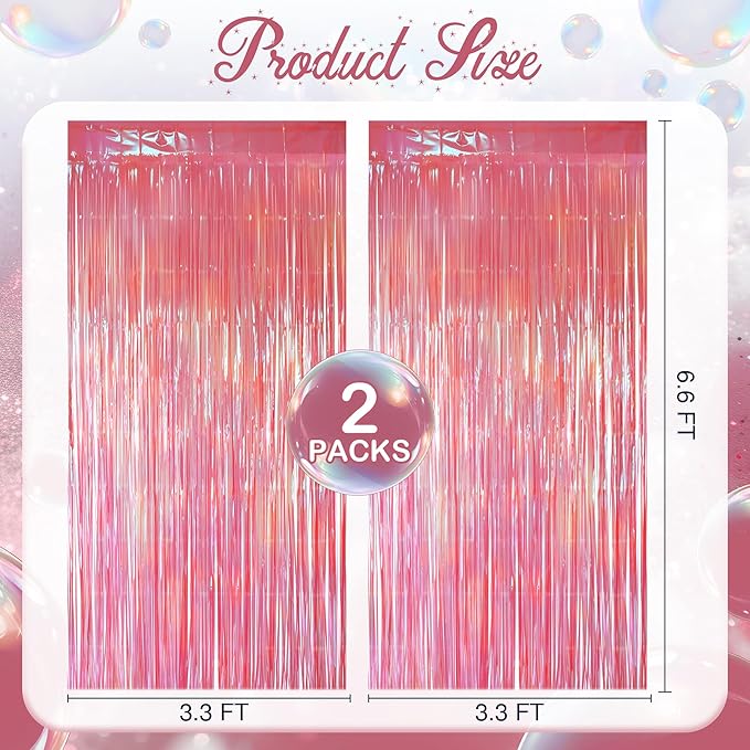 2 Pack Pink Iridescent Streamers Backdrop, 3.3x6.6ft Foil Fringe Curtains Holographic Door Tinsel Streamers for Birthday, Wedding, Holiday, Bachelorette, Baby Shower Theme Party Decorations