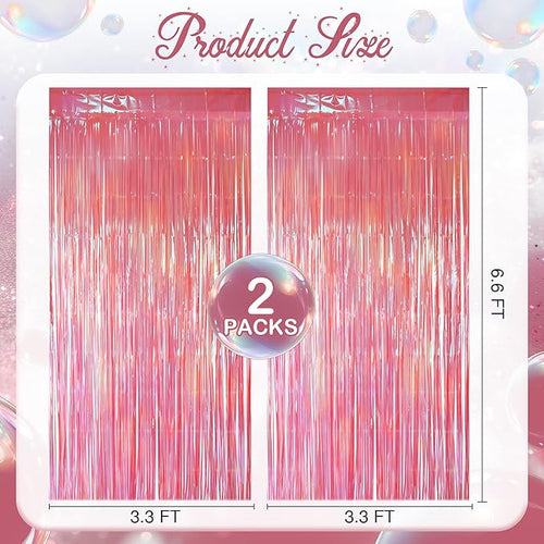 2 Pack Pink Iridescent Streamers Backdrop, 3.3x6.6ft Foil Fringe Curtains Holographic Door Tinsel Streamers for Birthday, Wedding, Holiday, Bachelorette, Baby Shower Theme Party Decorations