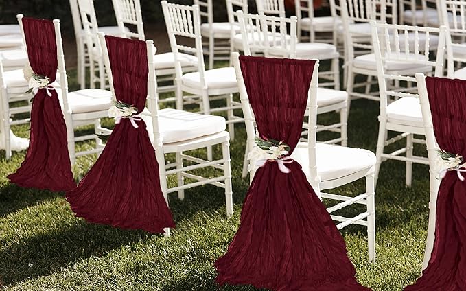 50 PCS Cheesecloth Chair Sashes, Bows Designed ChairSashes, 15.7x108 inch Chair Sashes for Aisle Decorations Universal Chairs Cover Decoration for Wedding Reception Party Banquet (Burgundy)