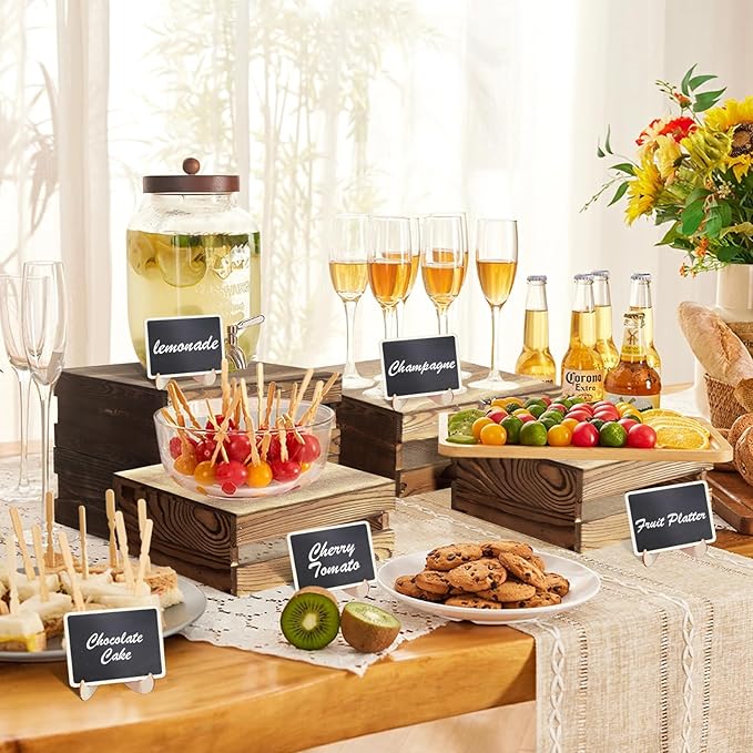 8 Pcs Buffet Risers with Mini Signs, Rustic Wood Cake Stands, Food Risers for Buffet Table, Dessert Display Stand, Wood Crates, Rustic Cake Stand for Party, Wedding, Birthday, Baby Shower, 4 Sizes