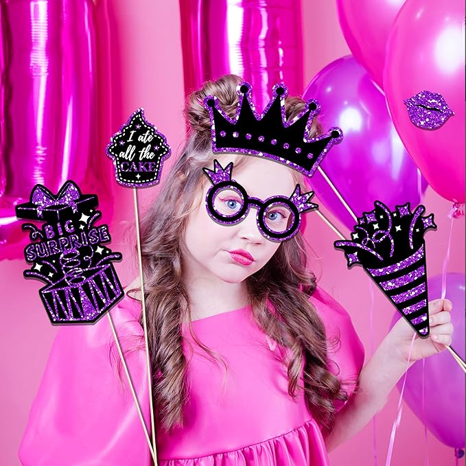 36 PCS Birthday Photo Booth Props Party Supplies Holiday Picture Decorations Photo Booth Props for Birthday Party Favors Pose Sign Kit Fun for Party (Purple and Black)