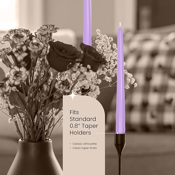 Leor & Lair Light Purple Candlesticks - 4 Pack 10" Long Candles - Unscented Long Burning Purple Candles for Easter, Bridal Showers, Spring Weddings, Restaurants & Events