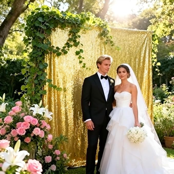 VOK Gold Sequin Backdrop Curtains 4 Panels 2FTx8FT Glitter Photography Background for Wedding Birthday Christmas Party Decorations