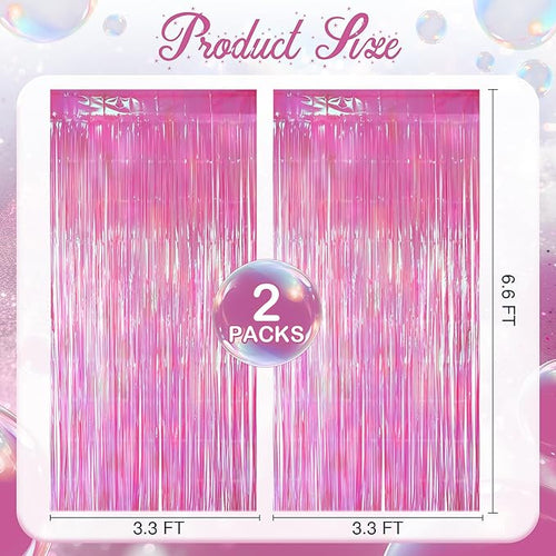 2 Pack Hot Pink Iridescent Streamers Backdrop, 3.3x6.6ft Foil Fringe Curtains Holographic Door Tinsel Streamers Photo Booth Prop for Birthday, Wedding, Holiday, Bachelorette, Theme Party Decorations