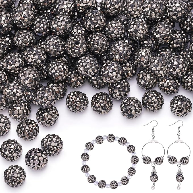 100 pcs 10mm Rhinestone Beads for Jewelry Making, Hematite Shiny Round Shamballa Disco Beads Bulk, Sparkle Crystal Clay Christmas for Bracelet Baseball Necklace Earring Crafting and DIY
