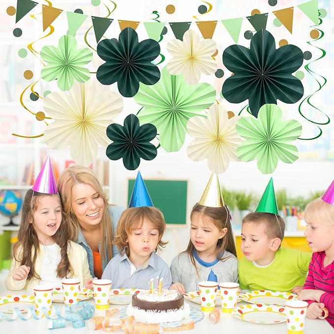 Sage Green Birthday Decoration, Plant Birthday Decorations with Hanging Paper Flowers, Tassel Garland and Swirls, Sage Green Party Decoration for Women Girls, Classroom Party Decor