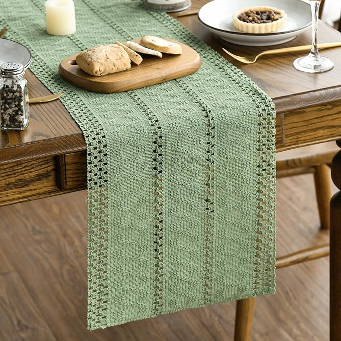 Artoid Mode Light Green Farmhouse Woven Rustic Hollow Table Runner, Seasonal Holiday Kitchen Dining Table Decoration for Home Party Decor 12x36 Inch
