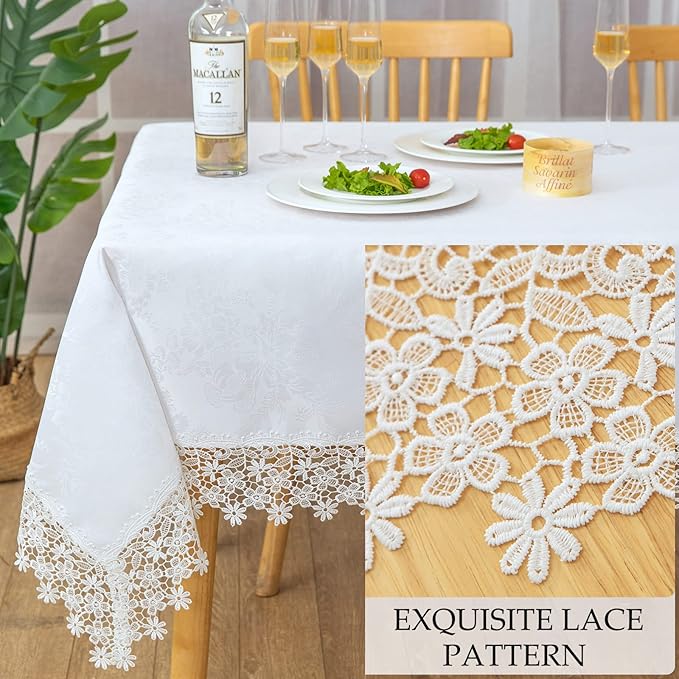 White lace Premium Rectangle Farmhouse Tablecloth Waterproof OilProof SpillProof AntiShrink Soft Wrinkle Resistant Decorative Fabric Table Cover Kitchen Dinning Party Wedding Banquet