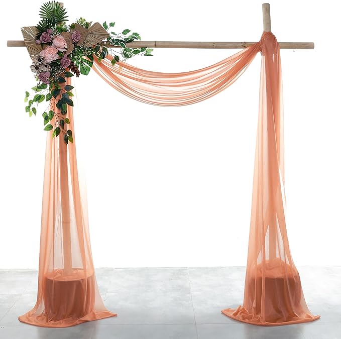 VDS Pack of 3 Panel (30 Inch X 20 Feet) Wedding Arch Draping Fabric Sheer Chiffon Fabric Drapery for Wedding Ceremony Reception Swag Backdrop Canopy Chuppah ARBO Altars Decoration (Coral Peach)