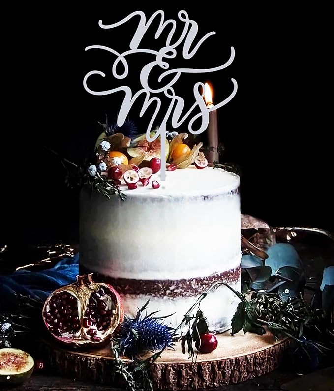 Mr and Mrs Cake Topper - Glitter Silver Acrylic Wedding Cake Decorations, Bride and Groom Cake Pick (Silver)