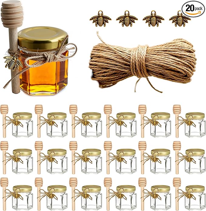 Mini Honey Jars - Hexagon Little Glass Honey Jar with Gold Lids, Wooden Dippers, Bee Charms and Jutes - Small Honey Jars for Baby Showers, 20Pack