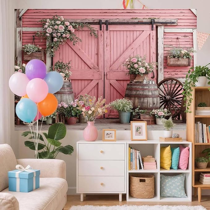 5x4ft Country Wedding Pink Photography Backdrop Rustic Wooden Barn Door Photography Backdrop Farmhouse Flower Western Girl Birthday Baby Shower Wedding Bridal Party Banner Photo Booth Props Background