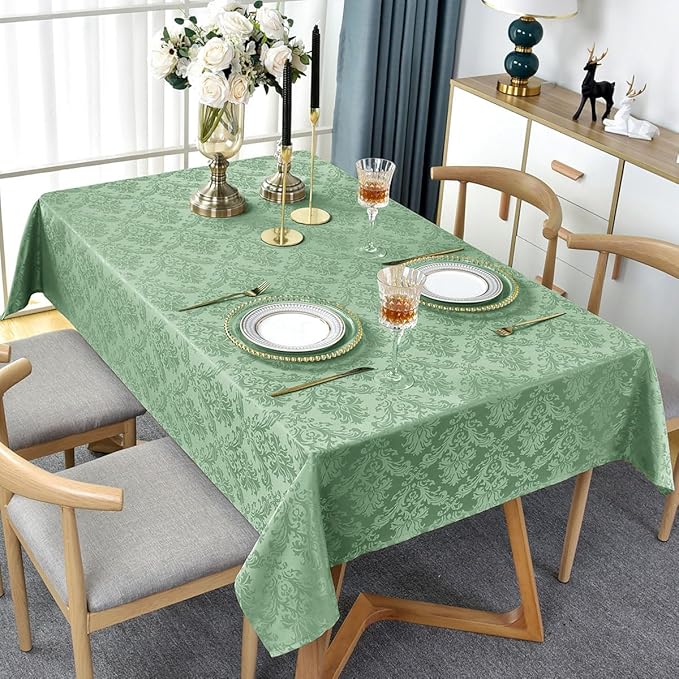 Flower Jacquard Rectangle Tablecloth 60 x 102 Inch Waterproof Oil Proof Wrinkle Free Damask Table Cloth, Fabric Table Cover for Dining, Party, Banquet, Indoor, Outdoor, Sage Green