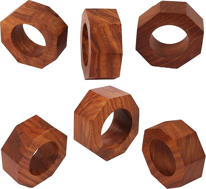 Finely Handcrafted Natural Wood Geometric Pentagon Shape Large Size Party Dining Table Napkin Holders in Natural Tone. (Set of 6).