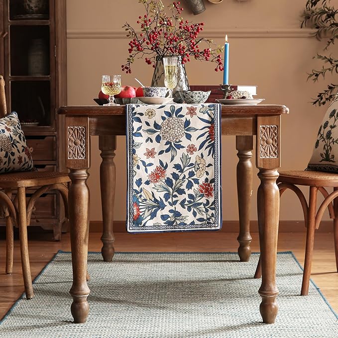 patdrea Designer Blue Cottage Rustic Floral Patterned Extra Long,Wrinkle Resistant Linen Table Runner 118 Inch Long,Decoration for Kitchen Dining and Coffee Tables Banquet Christmas , 12"x118"