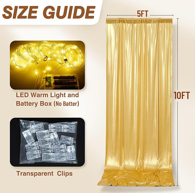 PartyVillage 10x10FT Gold Sequin Backdrop Curtain with String Lights – 2 Panels 5x10FT Sparkly Wrinkle-Free Glitter Backdrop Drapes for Birthday, Wedding, Photography, Graduation Party Décor