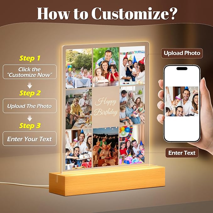 Custom Picture Frames with Photo, Personalized Collage Photo Frame with Night Light, Customized Picture Frame, Personalized Birthday Gifts for Women, Men, Him, Her, Mom, Dad, Family