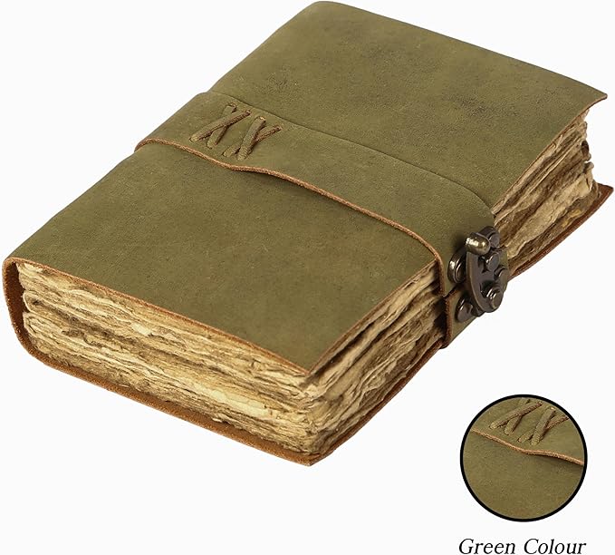 Vintage Leather Journal Handmade Buffalo Non-Refillable Deckle Edge Paper – Leather Bound Journal for Women Men C-Lock Closure Ideal for Writing & Travel for Artists (Green)