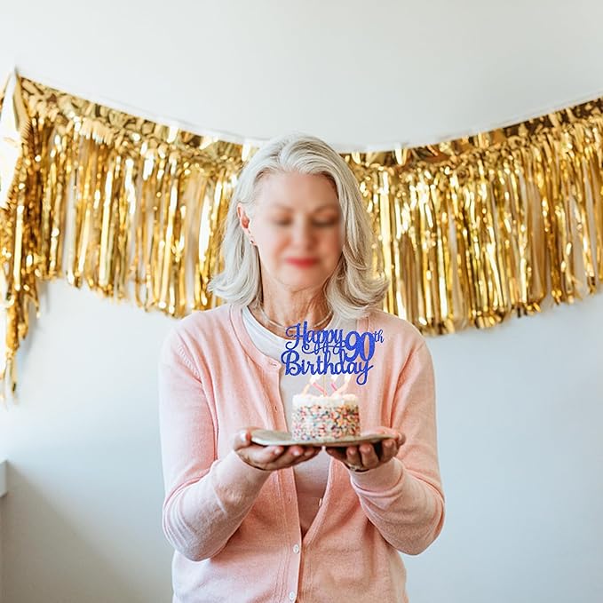 1 PCS Happy 90th Birthday Cake Topper Glitter Cheers to 90 Years Birthday Cake Pick Ninety 90 Fabulous Cake Decoration for Happy 90th Birthday Theme Party Decorations Supplies Blue
