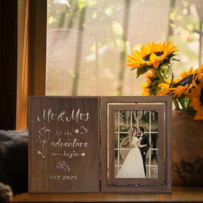 Light Up Wedding Photo Frame Gifts for Couples 2025 - Rotating Glowing Picture Frame Mr and Mrs Bridal Shower Gifts for the Bride Newly Wed Couple - Vintage Decor Holds 2 4x6 Photos