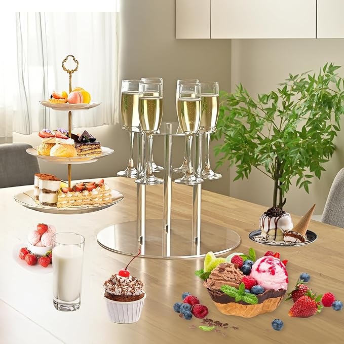 Champagne Tower, Circle Acrylic Champagne Display Rack Stand with 12 Slots, 2 Tiers Floating Sight Champagne Flute Holder for Party, Wedding, School, Celebration, 11.8x11.8x15.4 inch