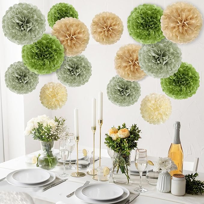 Olive Sage Green Tissue Paper Pom Poms Safari Jungle Party Decorations Paper Flowers Decorations Natural Green Boho Hanging Décor for Birthday Baby Shower Bridal Wedding Party Supplies