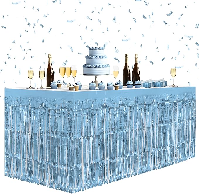 1 Pack Light Blue Table Skirts, 29x108" Metallic Foil Tinsel Fringe Table Skirts for Rectangle Tables Streamer Curtains Backdrop, Party Decorations for Birthdays Weddings Holidays