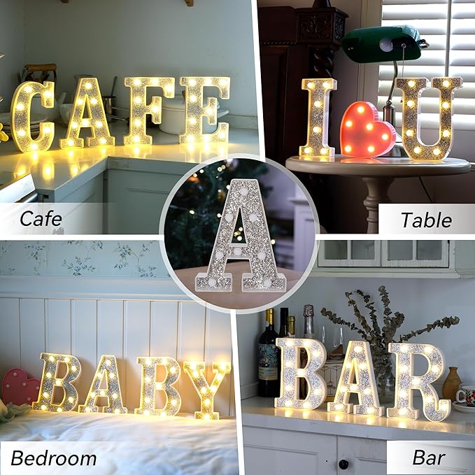 Marquee Light Up Letters, Glitter Silver LED Letter Lights Battery Powered 26 Alphabet Letter Sign for Night Light Wedding Birthday Party Cafe Bar Decoration Girls Room Decor - Pink Light