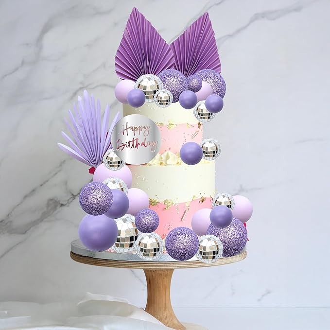 Ephlyn 33 Pack Balls Cake Toppers Boho Palm Leaves Cake Decorations Round Acrylic Happy Birthday Cupcake Toppers for Birthday Wedding Baby Shower Party Supplies Purple