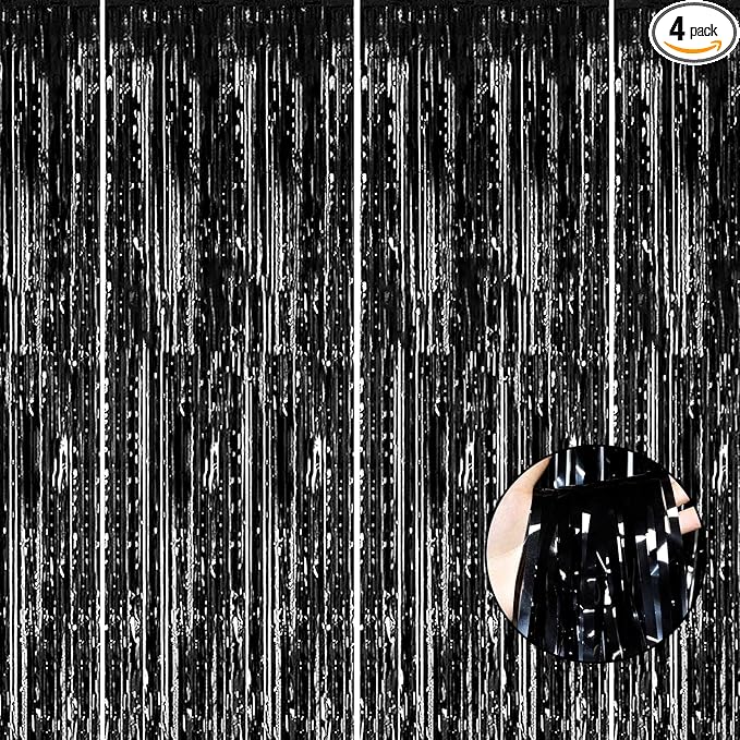 4 Pack Black Foil Fringe Curtain Backdrop, 3.28Ft x 8.2Ft Metallic Tinsel Streamer Curtains for Party, Photo Booth Props, Birthday, 2022 Graduation Decoration Party Supplies