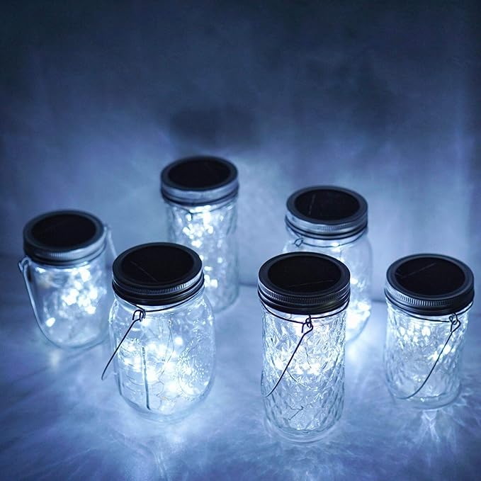 Solar Mason Jar Lights, 6 Pack 10 LED Jar Lid String Lights with 6 Hangers(No Jars), Waterproof Fairy Firefly Light for Garden, Patio, Outdoor, Yard, Lawn Decor(Cold White)