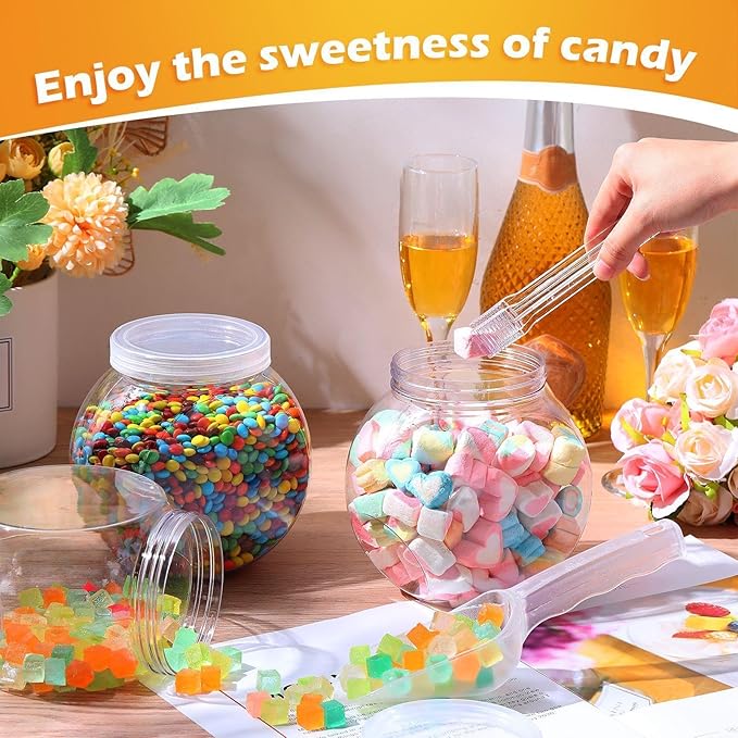 Sunnyray 2 Sets 51 oz Plastic Candy Jars for Candy Buffet with Lids Clear Bar Jars with Scoops and Tongs Kitchen Office Party Cookie Storage Containers for Dry Food Snacks Candies Cookies Coffee Pods