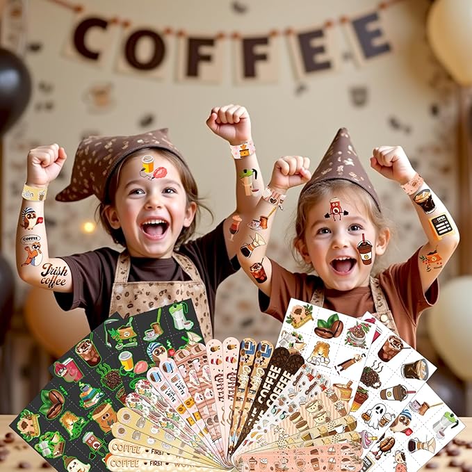 96 PCS Coffee Party Favors Set – 72 Pre-Cut Temporary Tattoos & 24 Slap Bracelets for Kids & Adults, Perfect for Coffee Lovers, Cafés, Birthday Parties & Classroom Rewards