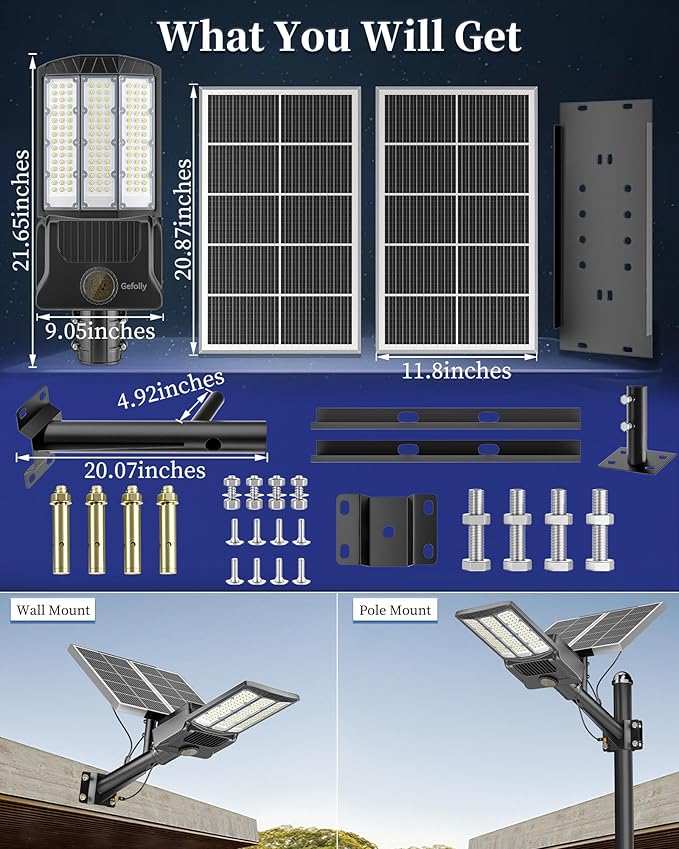Gefolly SL-12000W Solar Street Light Outdoor 900000LM Wide Angle Commercial Parking Lot Lights Dusk to Dawn 6500K Flood Security Light IP67 Lamp for Basketball Court, Yard, Road